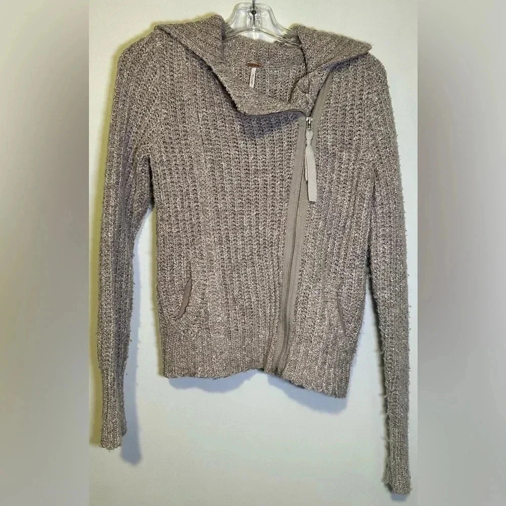 Free People Asymmetrical zip up knit sweater taupe size XS - Picture 4 of 9